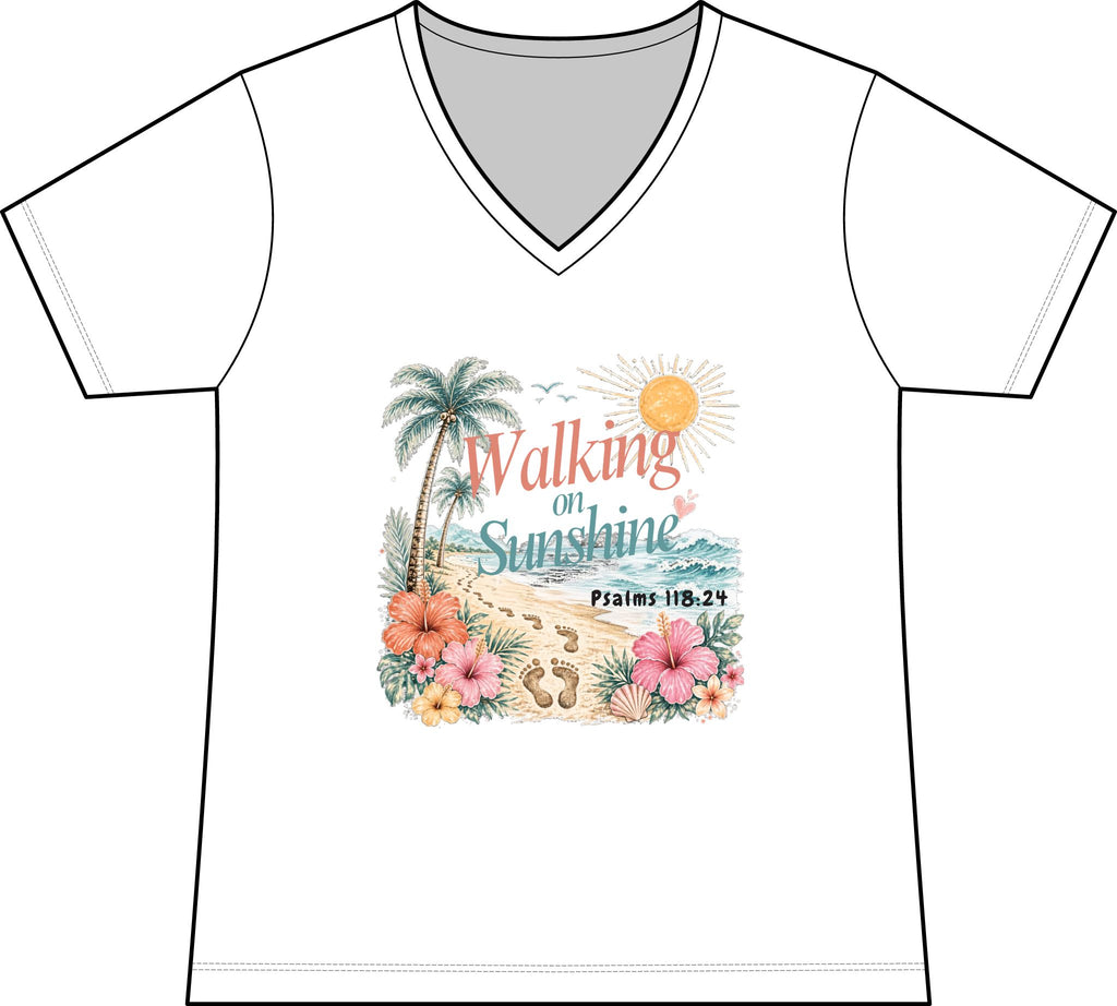 Walking on Sunshine V-Neck Tee — Tropical Floral Christian Psalm 118:24 Beach Shirt