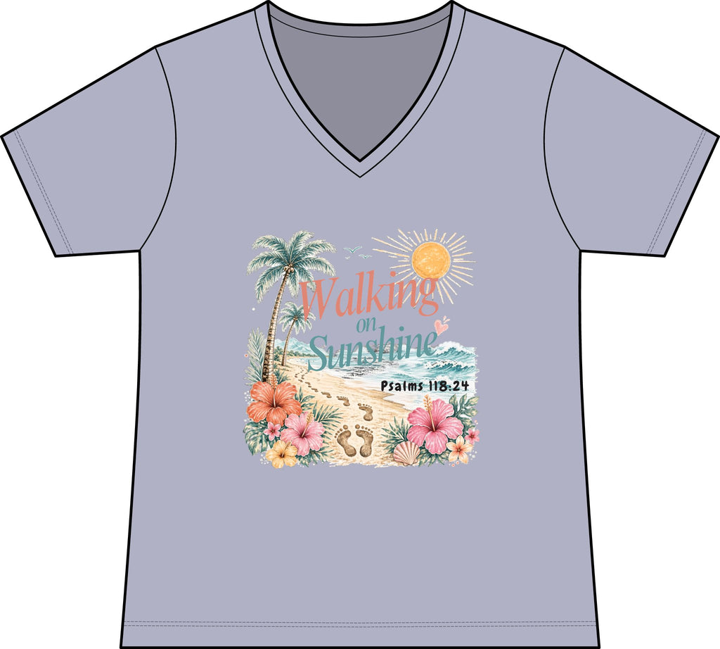 Walking on Sunshine V-Neck Tee — Tropical Floral Christian Psalm 118:24 Beach Shirt