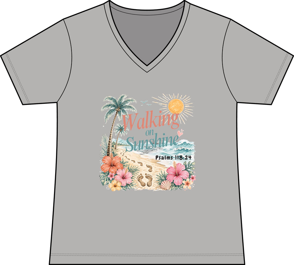Walking on Sunshine V-Neck Tee — Tropical Floral Christian Psalm 118:24 Beach Shirt