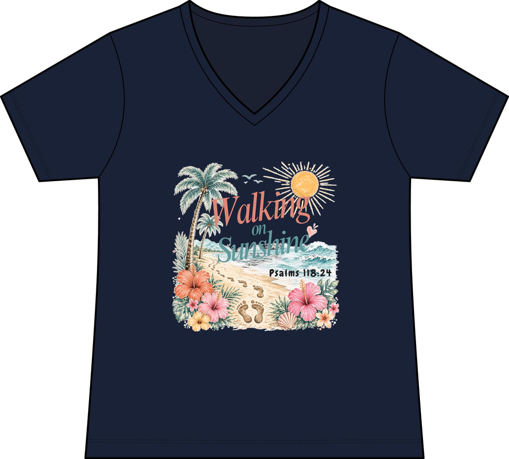 Walking on Sunshine V-Neck Tee — Tropical Floral Christian Psalm 118:24 Beach Shirt