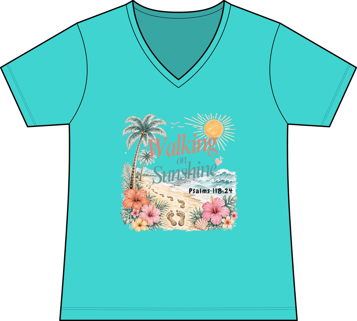 Walking on Sunshine V-Neck Tee — Tropical Floral Christian Psalm 118:24 Beach Shirt