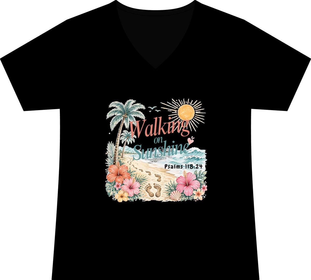 Walking on Sunshine V-Neck Tee — Tropical Floral Christian Psalm 118:24 Beach Shirt