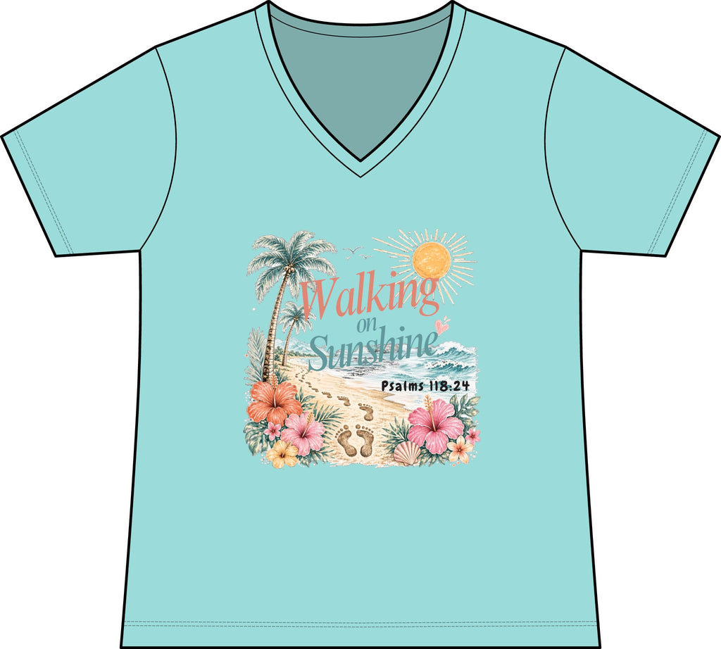 Walking on Sunshine V-Neck Tee — Tropical Floral Christian Psalm 118:24 Beach Shirt