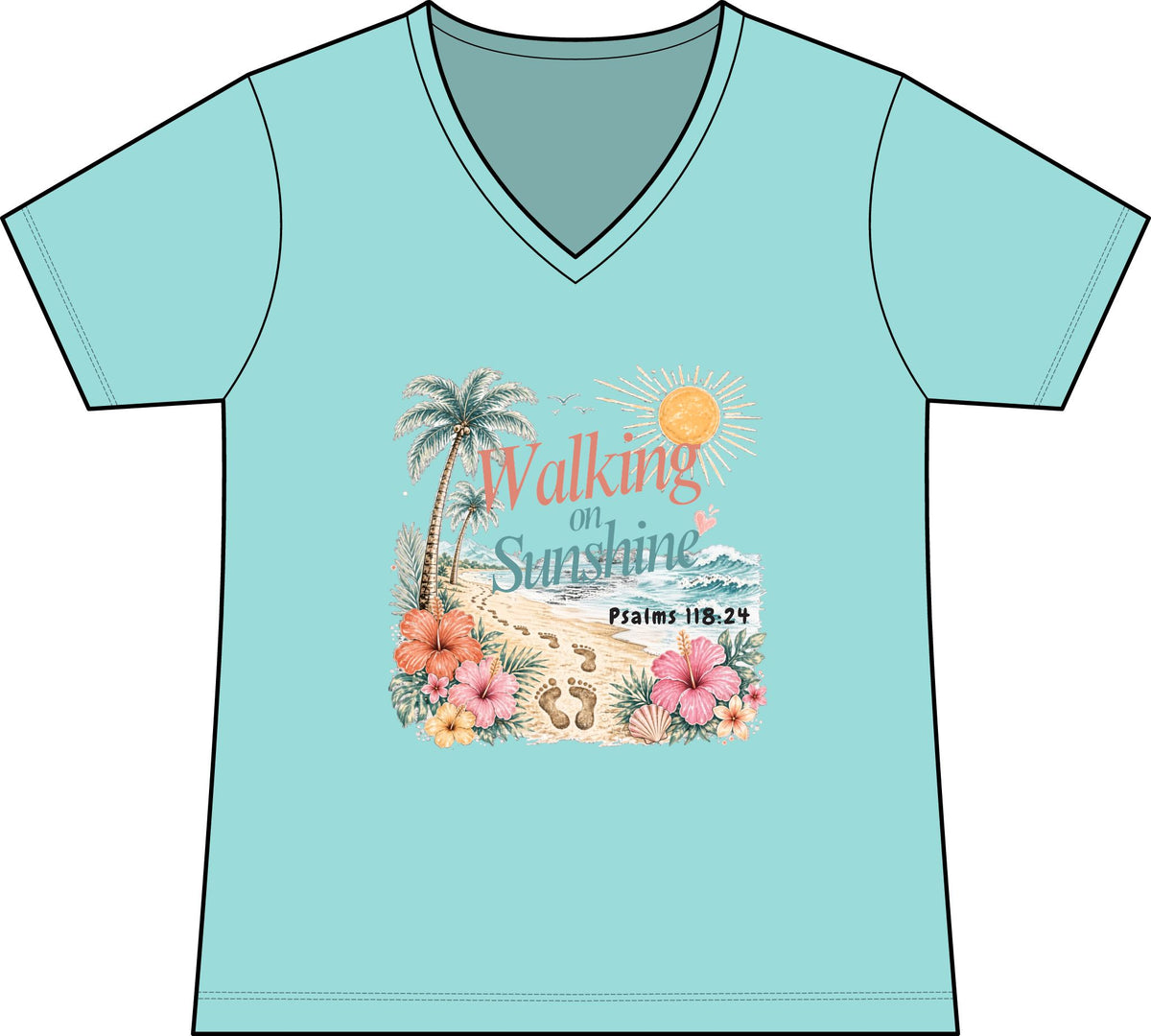 Walking on Sunshine V-Neck Tee — Tropical Floral Christian Psalm 118:24 Beach Shirt