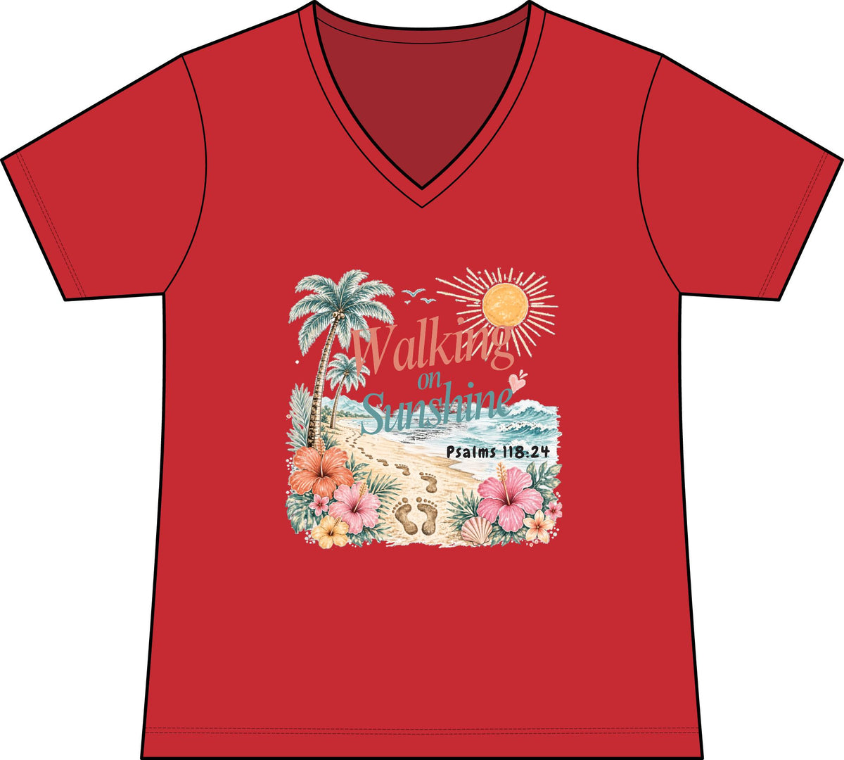 Walking on Sunshine V-Neck Tee — Tropical Floral Christian Psalm 118:24 Beach Shirt
