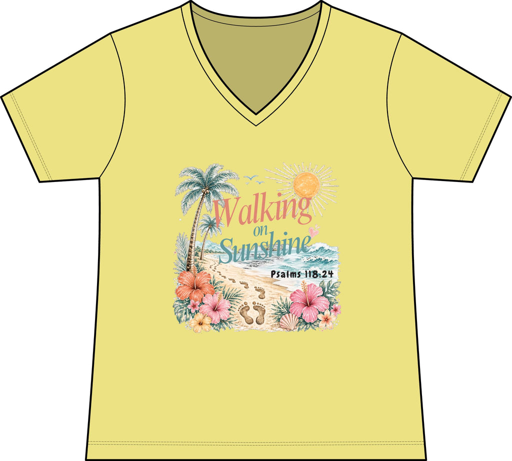 Walking on Sunshine V-Neck Tee — Tropical Floral Christian Psalm 118:24 Beach Shirt