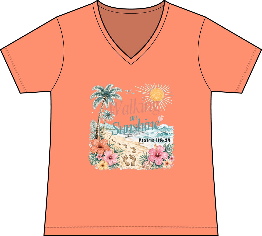 Walking on Sunshine V-Neck Tee — Tropical Floral Christian Psalm 118:24 Beach Shirt