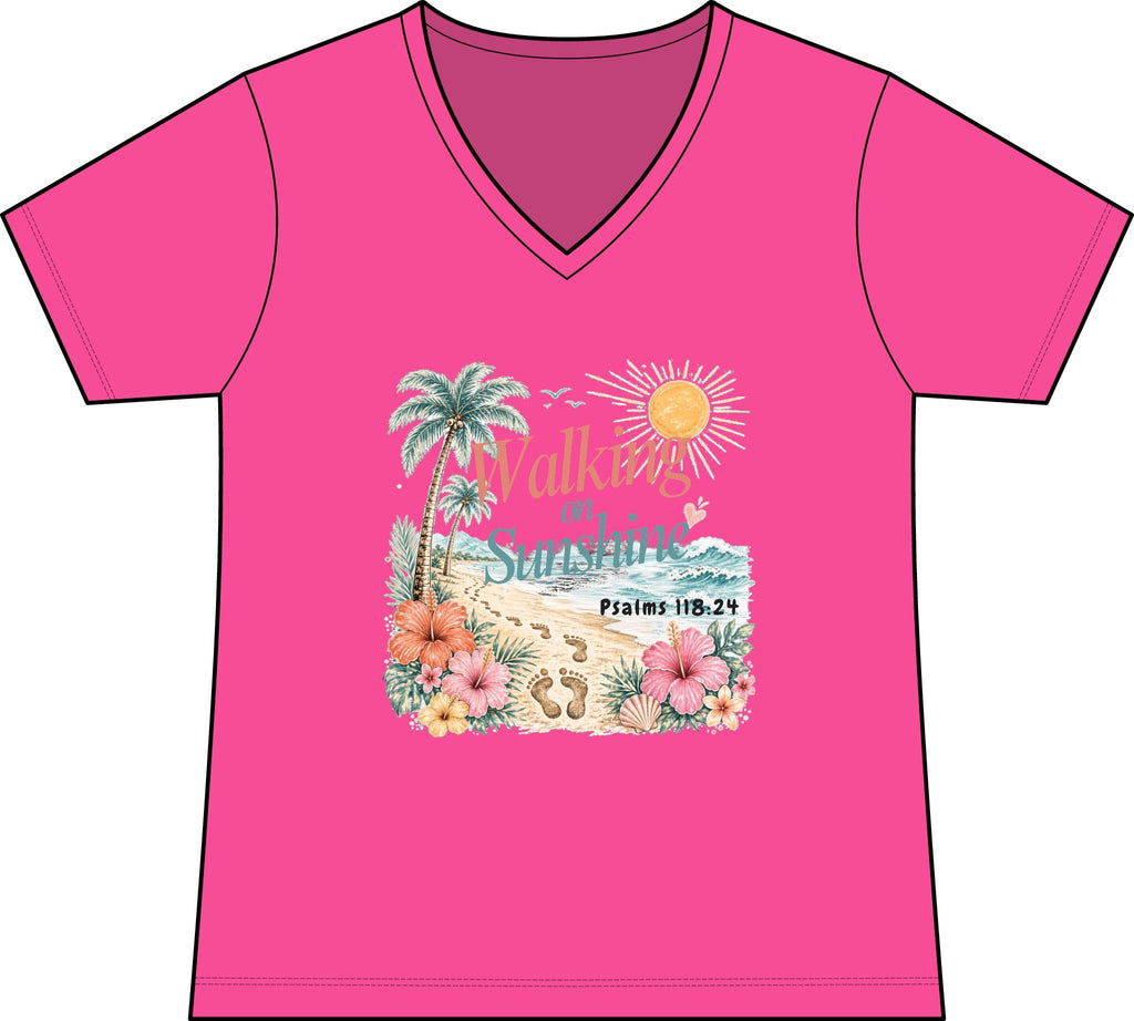 Walking on Sunshine V-Neck Tee — Tropical Floral Christian Psalm 118:24 Beach Shirt