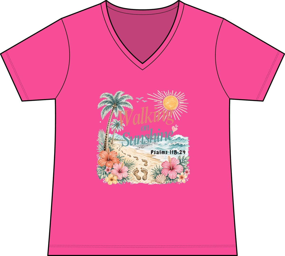 Walking on Sunshine V-Neck Tee — Tropical Floral Christian Psalm 118:24 Beach Shirt