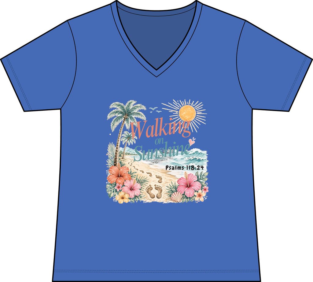 Walking on Sunshine V-Neck Tee — Tropical Floral Christian Psalm 118:24 Beach Shirt