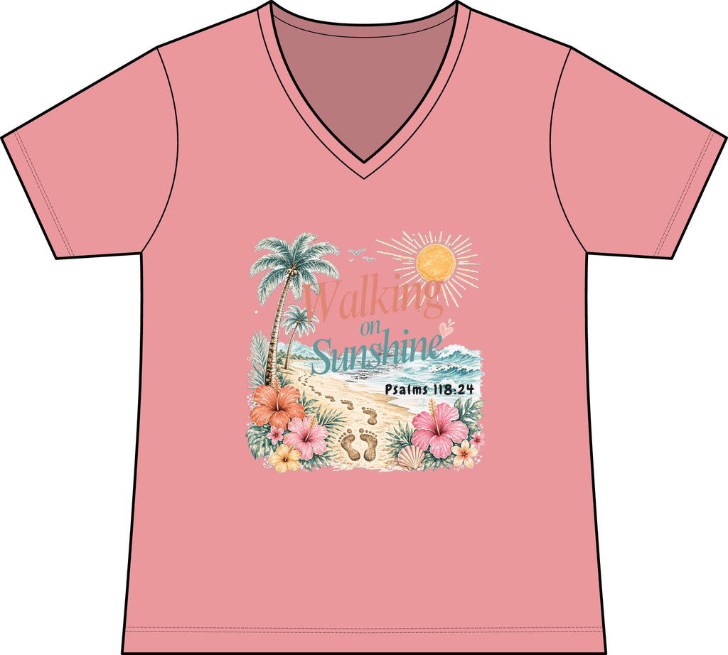 Walking on Sunshine V-Neck Tee — Tropical Floral Christian Psalm 118:24 Beach Shirt