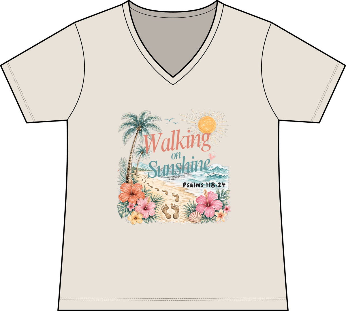 Walking on Sunshine V-Neck Tee — Tropical Floral Christian Psalm 118:24 Beach Shirt