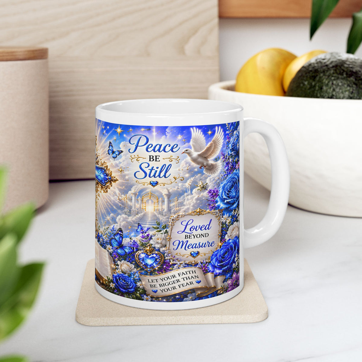 Blue Christian Cross Ceramic Mug with Bible and Floral Design