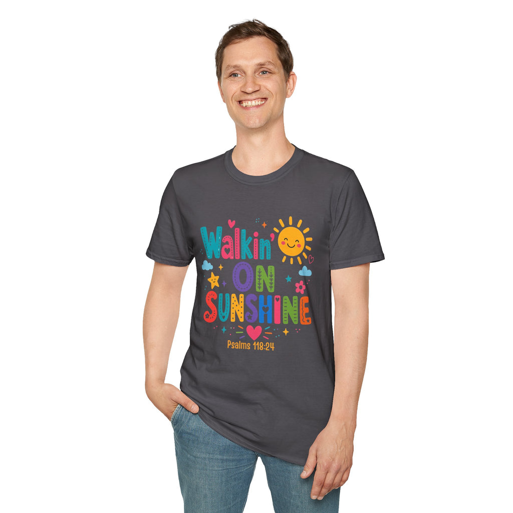 T-Shirt — "Walkin' on Sunshine" Bright Retro Sun Graphic Tee ‭‭Psalms‬ ‭118‬:‭24‬ ‭