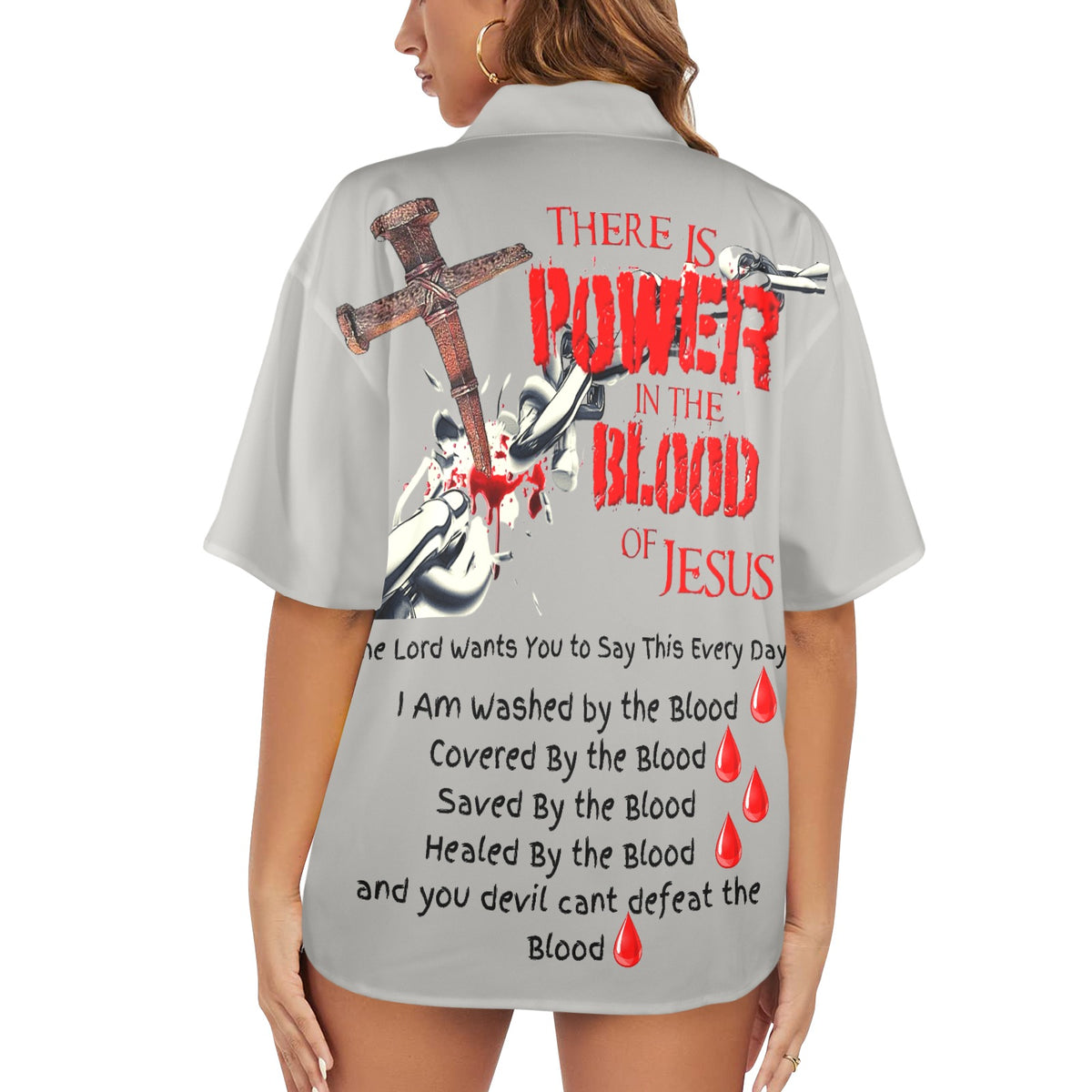 There is Power in the Blood of Jesus Women's All Over Print Hawaiian Shirt （Made in USA Ships to USA Only）