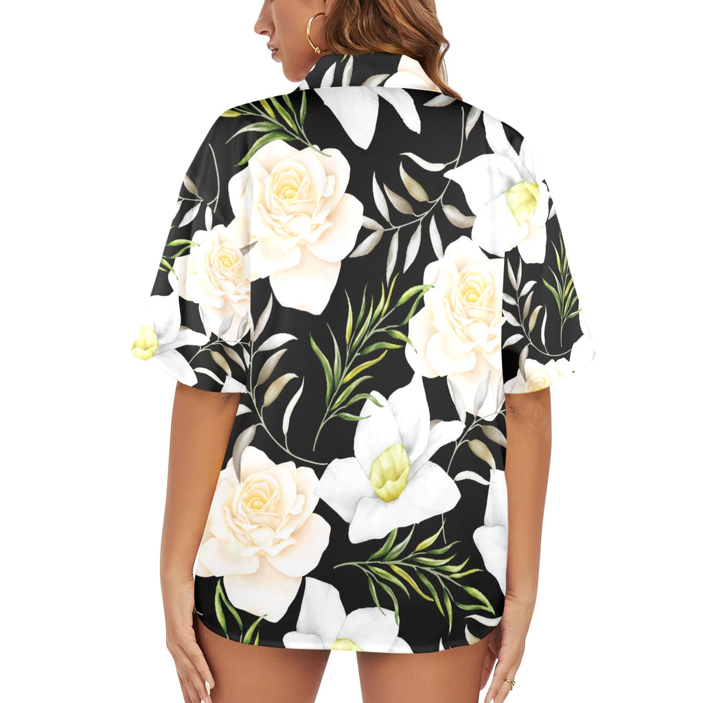Lords Glory Gardenia's Flowers Women's All Over Print Hawaiian Shirt （Made in USA Ships to USA Only）